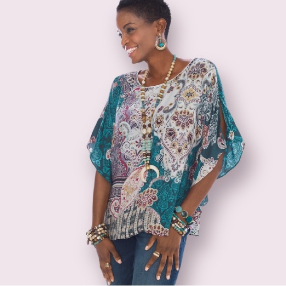 Chico’s Mixed-Print Poncho - Picture 1 of 12
